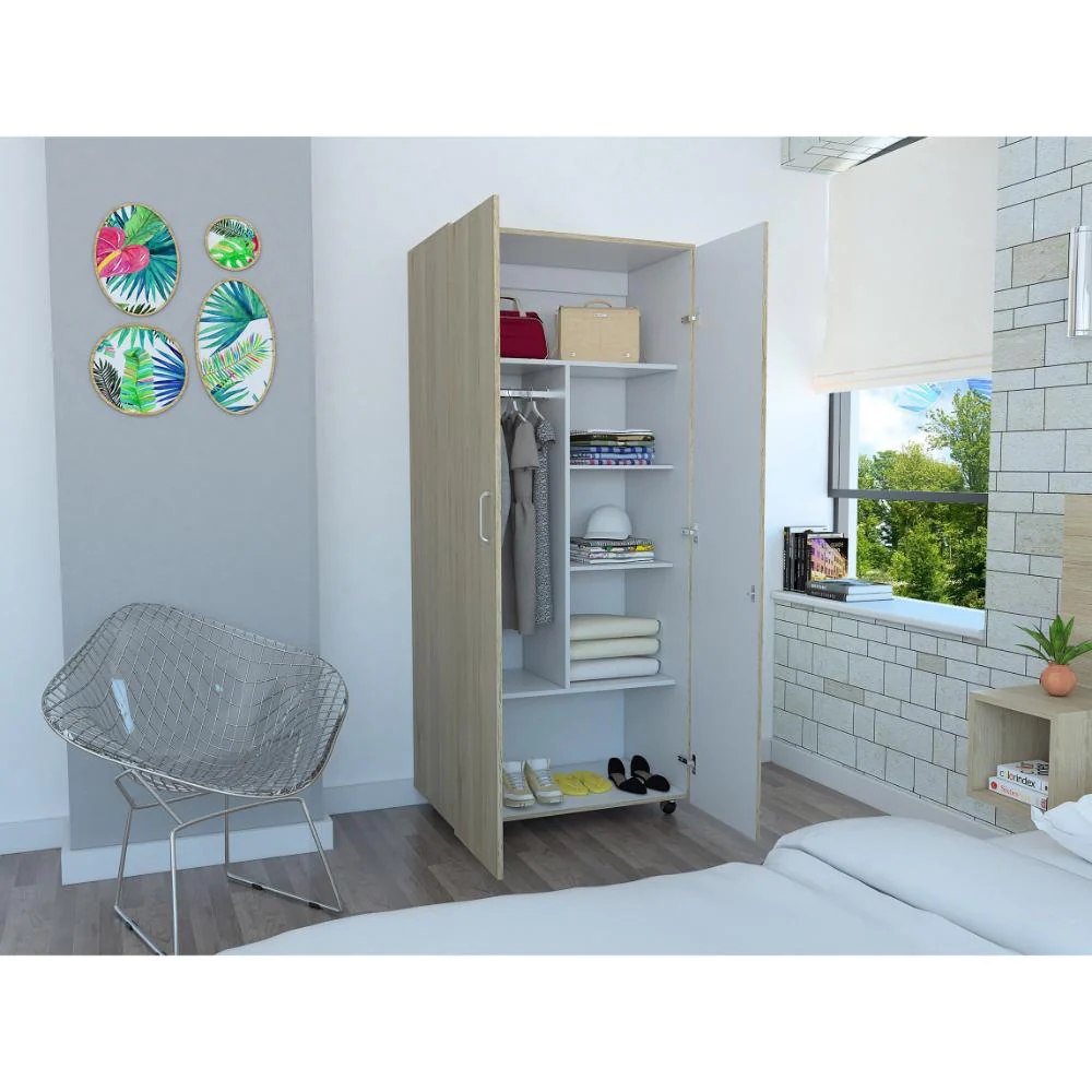 CLOSET IKER, BEIGE Y BLANCO, CON MALETERO Y RODACHINAS PARA SU FÁCIL DESPLAZAMIENTO - Image 2