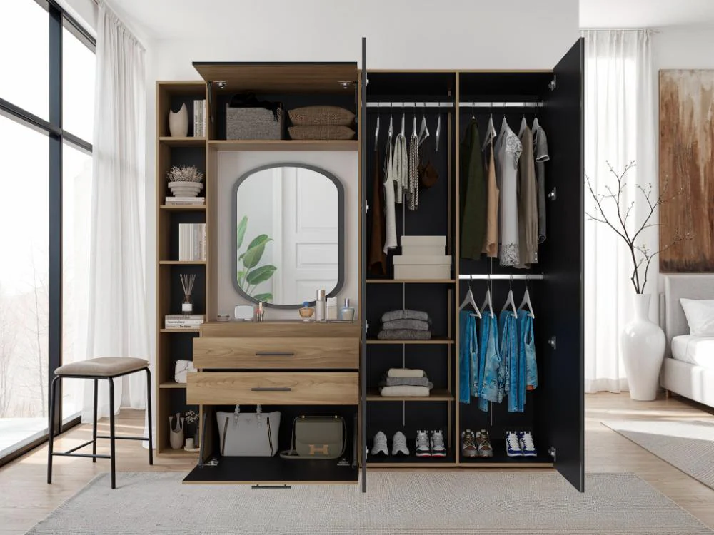 CLOSET MULTIFUNCIONAL BRUSON, FRESNO EUROPEO Y WENGUE, CON CAJONES PARA GUARDAR ROPA Y OBJETOS DE OFICINA - Image 5