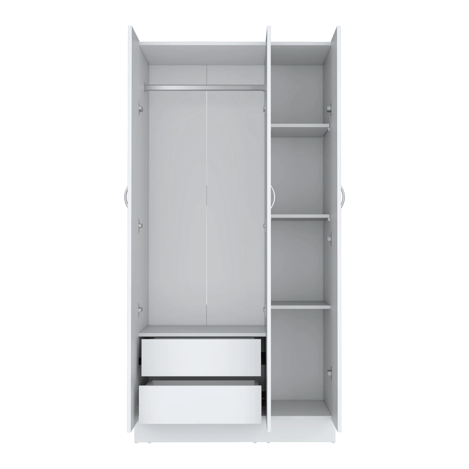 CLOSET ORBE, BLANCO DUQUEZA, CON DOS CAJONES, CUATRO ENTREPAÑOS Y TUBO CROMADO ZF
