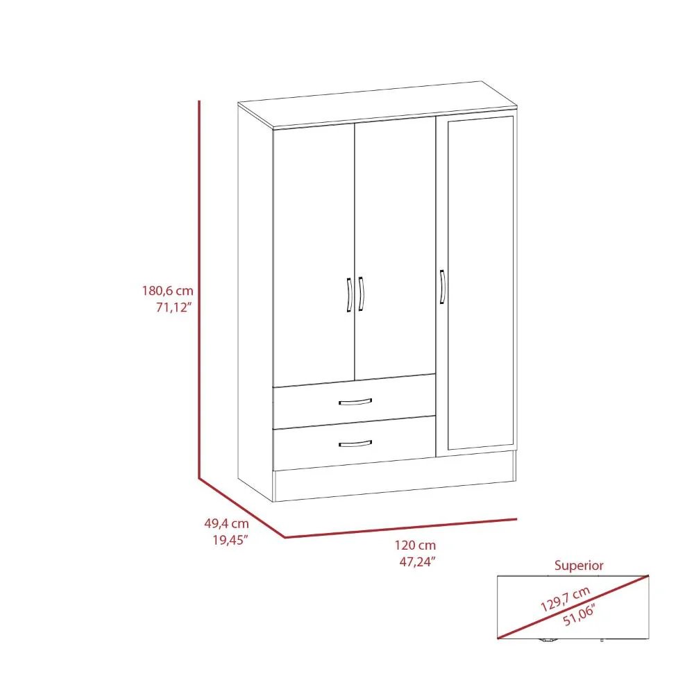 CLOSET QUILES 120, WENGUE Y HUMO, CON ESPEJO, TUBO PARA COLGAR ROPA, TRES PUERTAS ABATIBLES ZF - Image 11
