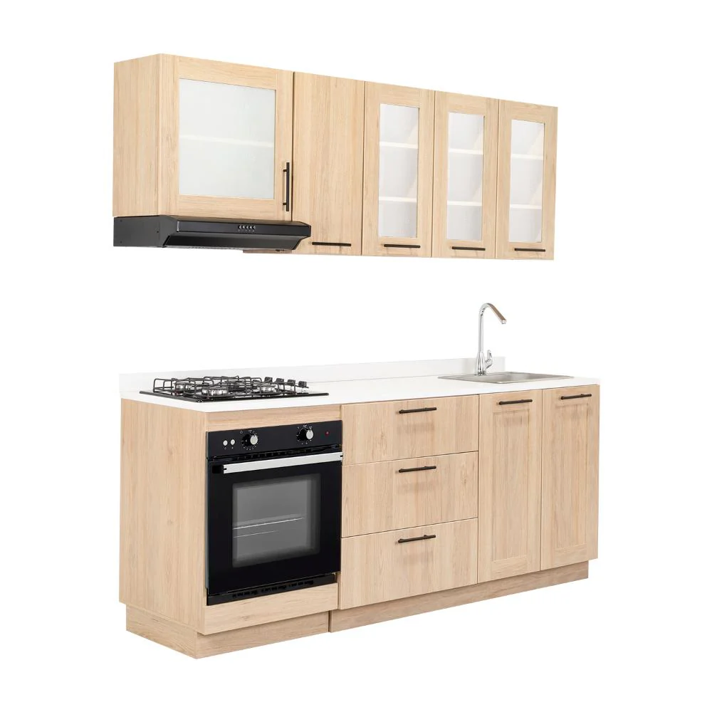 COCINA INTEGRAL ELICA, BEIGE, INCLUYE MESÓN DERECHO CON ESTUFA 4 PUESTOS A GAS + CAMPANA + HORNO