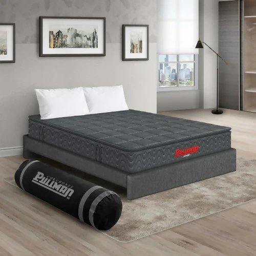 COLCHÓN ORTHOPACK BTU + BASE CAMA + ALMOHADA COLOR GRIS TELA COLOR GRIS 200X200 KING