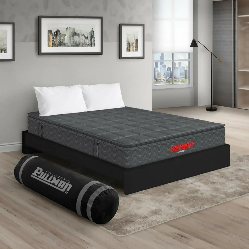 COLCHÓN ORTHOPACK BTU + BASE CAMA + ALMOHADA COLOR GRIS TELA COLOR NEGRO 140X190 DOBLE