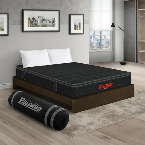 COLCHÓN ORTHOPACK BTU + BASE CAMA + ALMOHADA COLOR NEGRO TELA COLOR CAFE 160X190 QUEEN