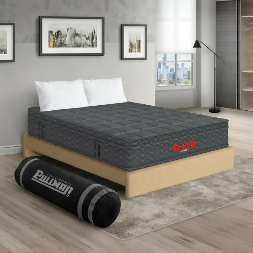 COLCHÓN ORTHOPACK EURO + BASE CAMA + ALMOHADA COLOR GRIS TELA COLOR BEIGE 200X200 KING