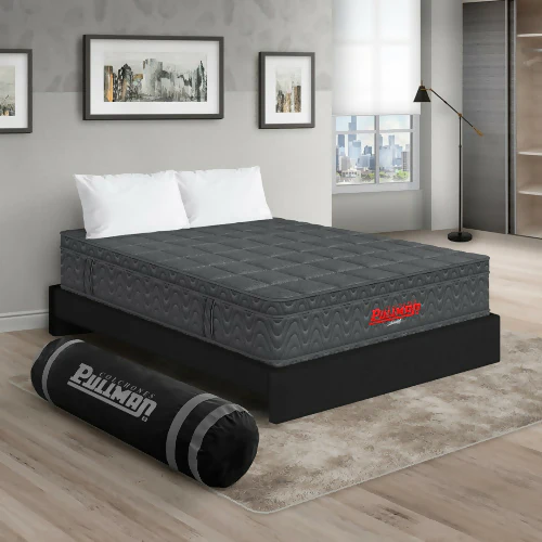 COLCHÓN ORTHOPACK EURO + BASE CAMA + ALMOHADA COLOR GRIS TELA COLOR NEGRO 160X190 QUEEN