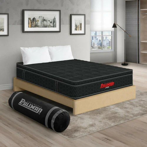 COLCHÓN ORTHOPACK EURO + BASE CAMA + ALMOHADA COLOR NEGRO TELA COLOR BEIGE 140X190 DOBLE