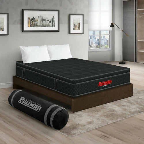 COLCHÓN ORTHOPACK EURO + BASE CAMA + ALMOHADA COLOR NEGRO TELA COLOR CAFE 160X190 QUEEN