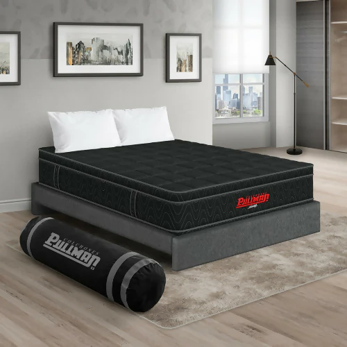 COLCHÓN ORTHOPACK EURO + BASE CAMA + ALMOHADA COLOR NEGRO TELA COLOR GRIS 120X190 SEMIDOBLE