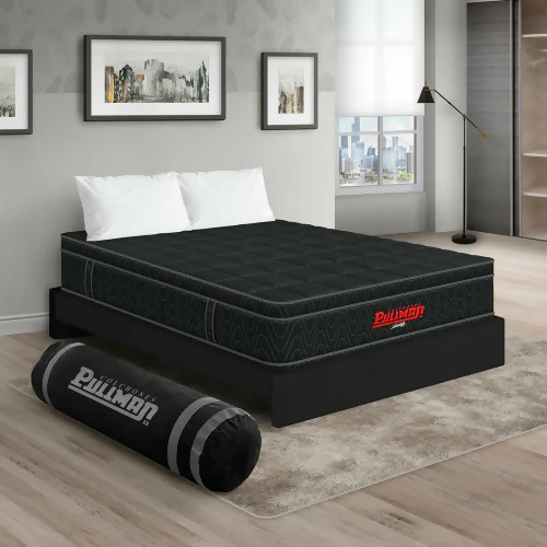 COLCHÓN ORTHOPACK EURO + BASE CAMA + ALMOHADA COLOR NEGRO TELA COLOR NEGRO 200X200 KING