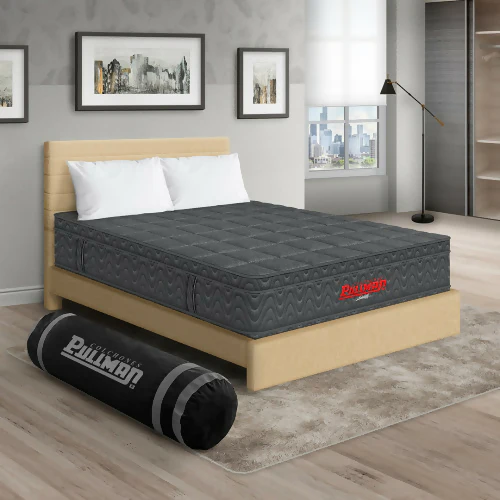 COLCHÓN ORTHOPACK EURO + CAMA LEO + ALMOHADA COLOR GRIS TELA COLOR BEIGE 160X190 QUEEN