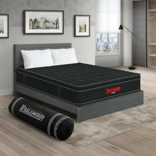 COLCHÓN ORTHOPACK EURO + CAMA LEO + ALMOHADA COLOR NEGRO TELA COLOR GRIS 140X190 DOBLE