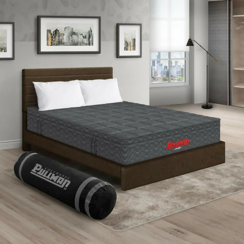 COLCHÓN ORTHOPACK EURO U + CAMA LEO + ALMOHADA COLOR GRIS TELA COLOR CAFE 140X190 DOBLE