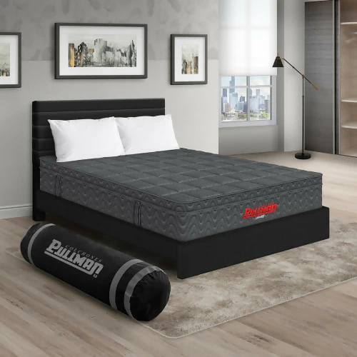 COLCHÓN ORTHOPACK EURO U + CAMA LEO + ALMOHADA COLOR GRIS TELA COLOR NEGRO 120X190 SEMIDOBLE