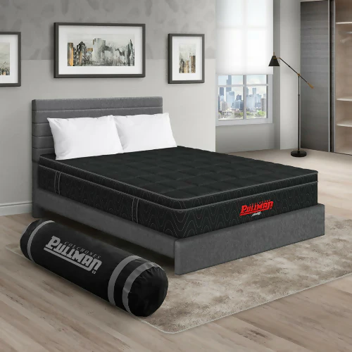COLCHÓN ORTHOPACK EURO U + CAMA LEO + ALMOHADA COLOR NEGRO TELA COLOR GRIS 120X190 SEMIDOBLE