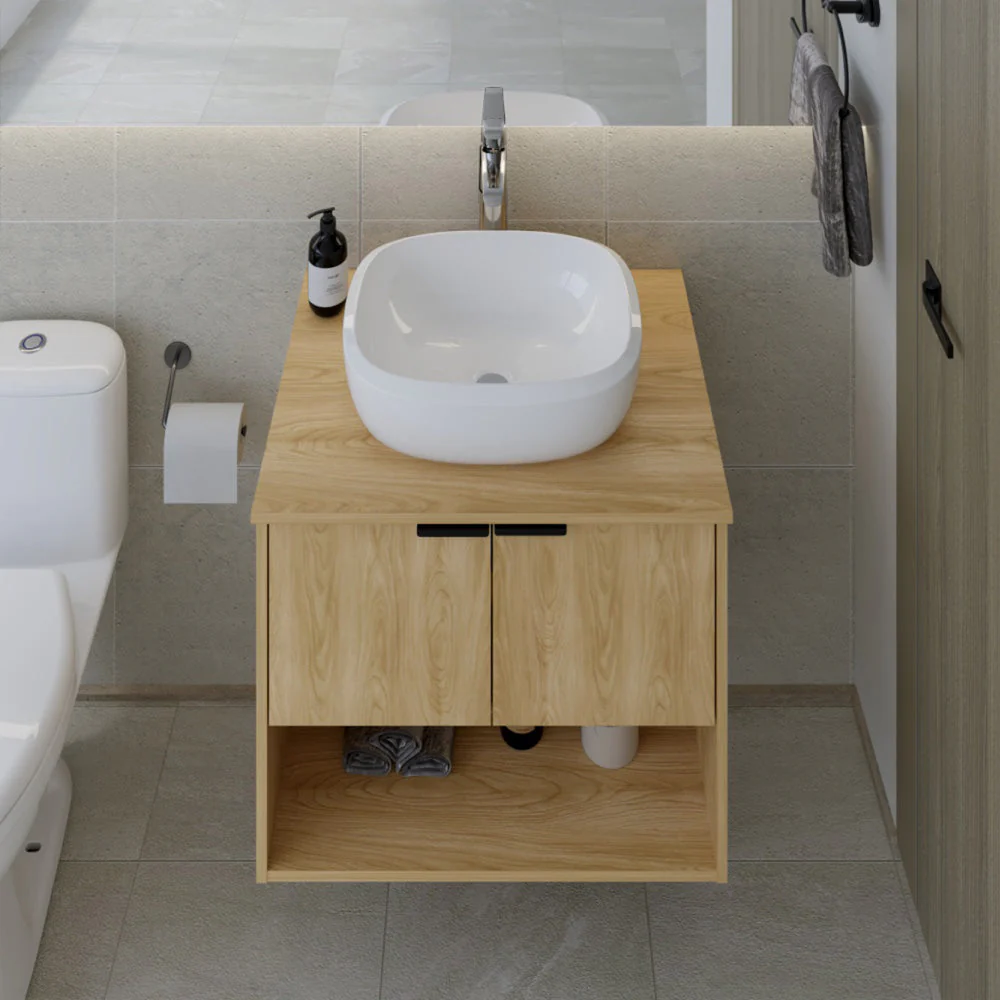 Combo Lavamanos Castel II, Fresno Europeo, Incluye Lavamanos en porcelana Sanitaria y Grifería Alta Titanio - Image 3