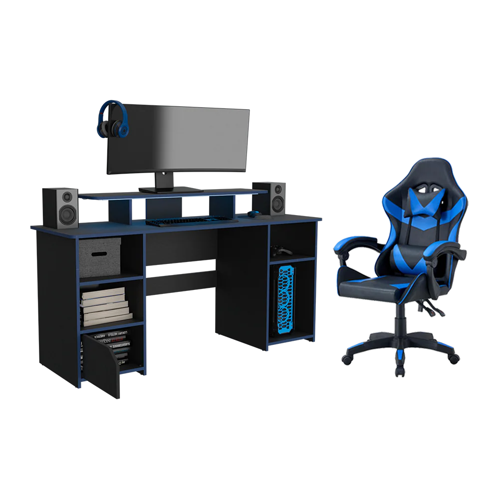 COMBO PARA OFICINA BEL, AZUL Y NEGRO, INCLUYE SILLA Y ESCRITORIO GAMER