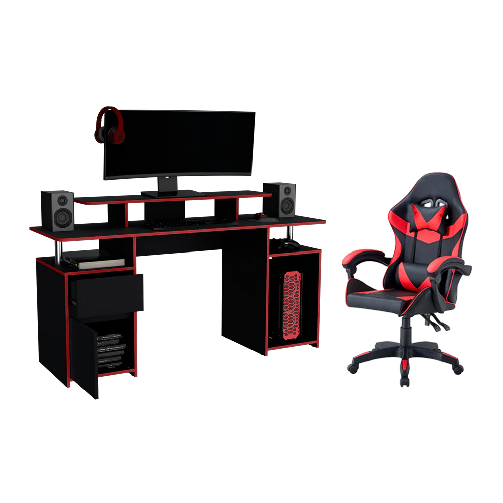 COMBO PARA OFICINA GRECI, ROJO Y NEGRO, INCLUYE SILLA Y ESCRITORIO GAMER