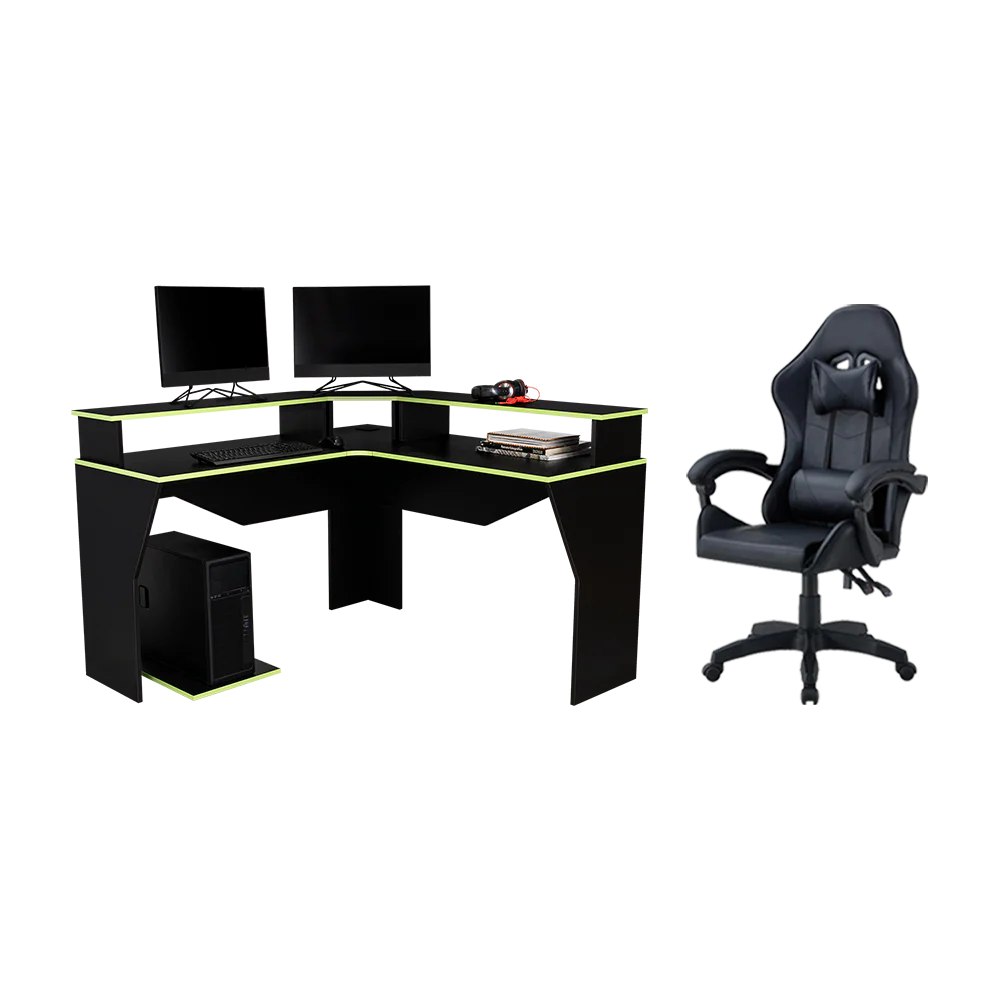 COMBO PARA OFICINA VITORINO, VERDE Y NEGRO, INCLUYE SILLA Y ESCRITORIO GAMER