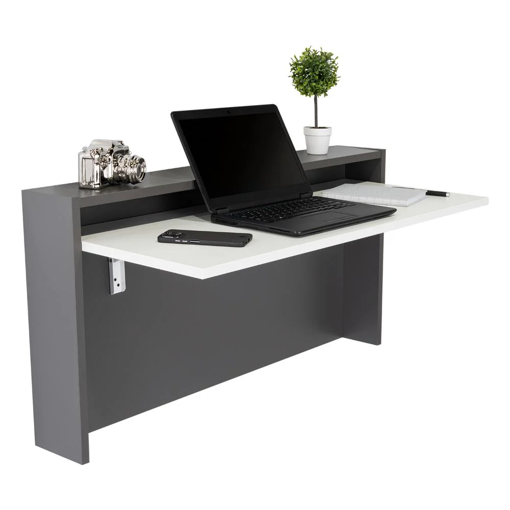 ESCRITORIO COLGANTE FRELLO, PLATA OSCURO Y BLANCO, CON ESPACIO PARA ARTÍCULOS DE ESTUDIO