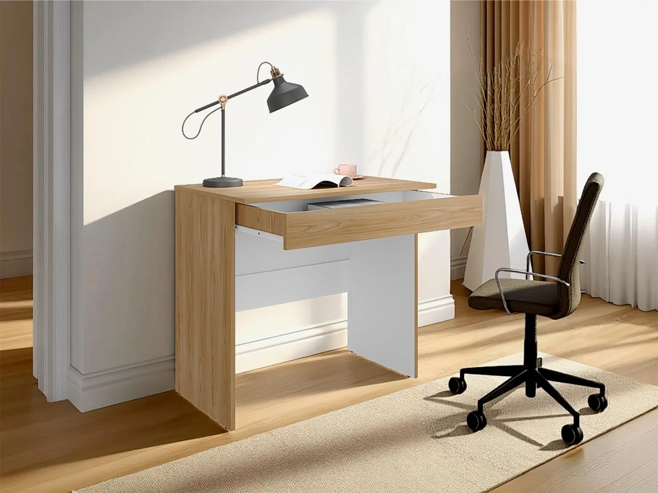 ESCRITORIO COLIMA, FRESNO EUROPEO Y BLANCO, CON ENTREPAÑOS Y CAJON - Image 7