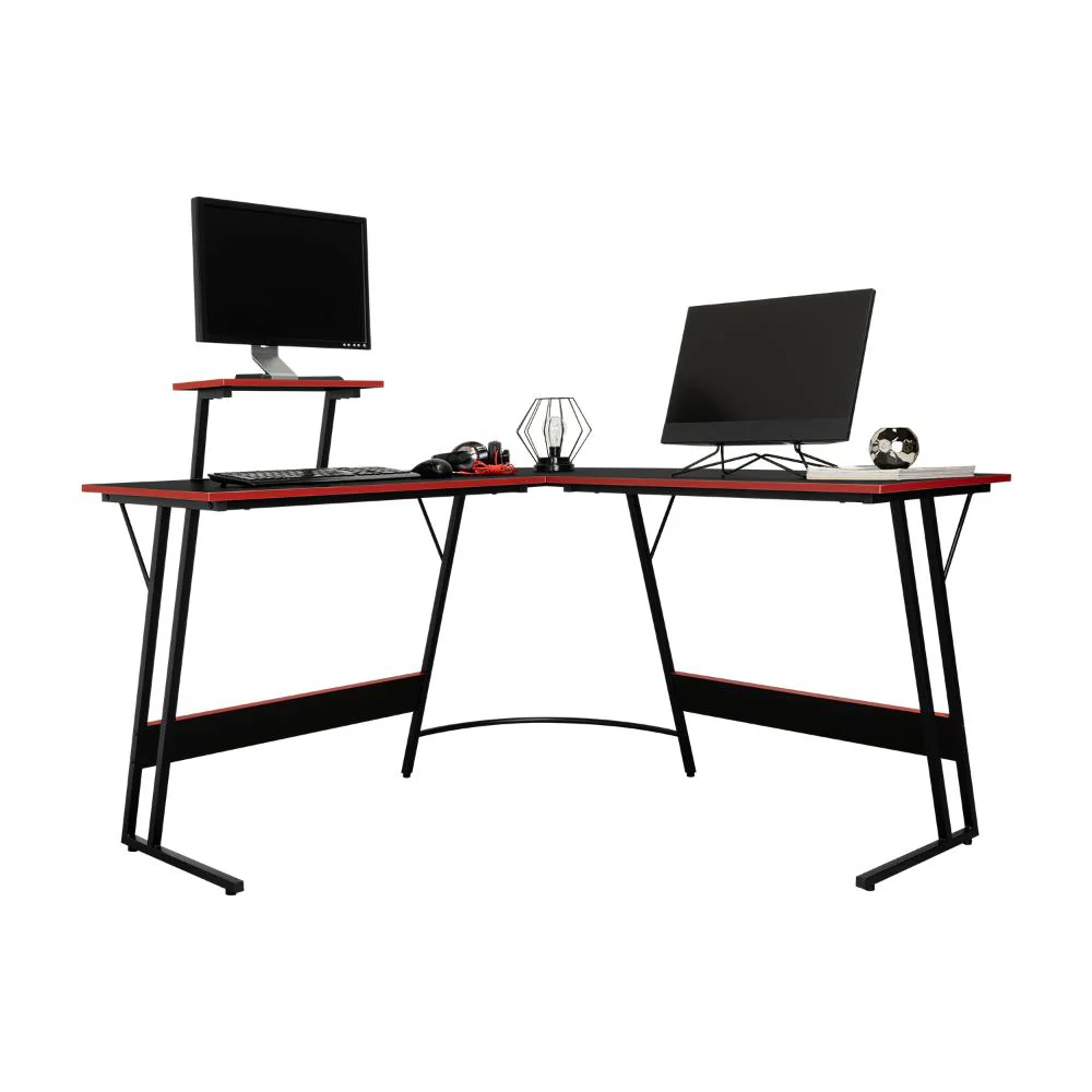 ESCRITORIO GAMER EN L, NEGRO Y ROJO, CUENTA CON ESPACIO PARA MAS DE UNA PANTALLA
