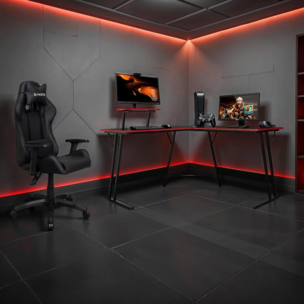 ESCRITORIO GAMER EN L, NEGRO Y ROJO, CUENTA CON ESPACIO PARA MAS DE UNA PANTALLA - Image 4