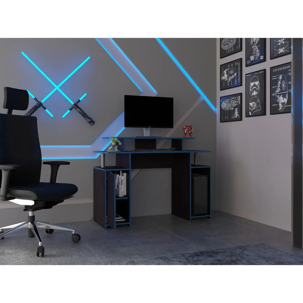 ESCRITORIO GAMER KEIN 2, WENGUE Y AZUL, CON ESPACIO ADICIONAL PARA PANTALLAS ZF