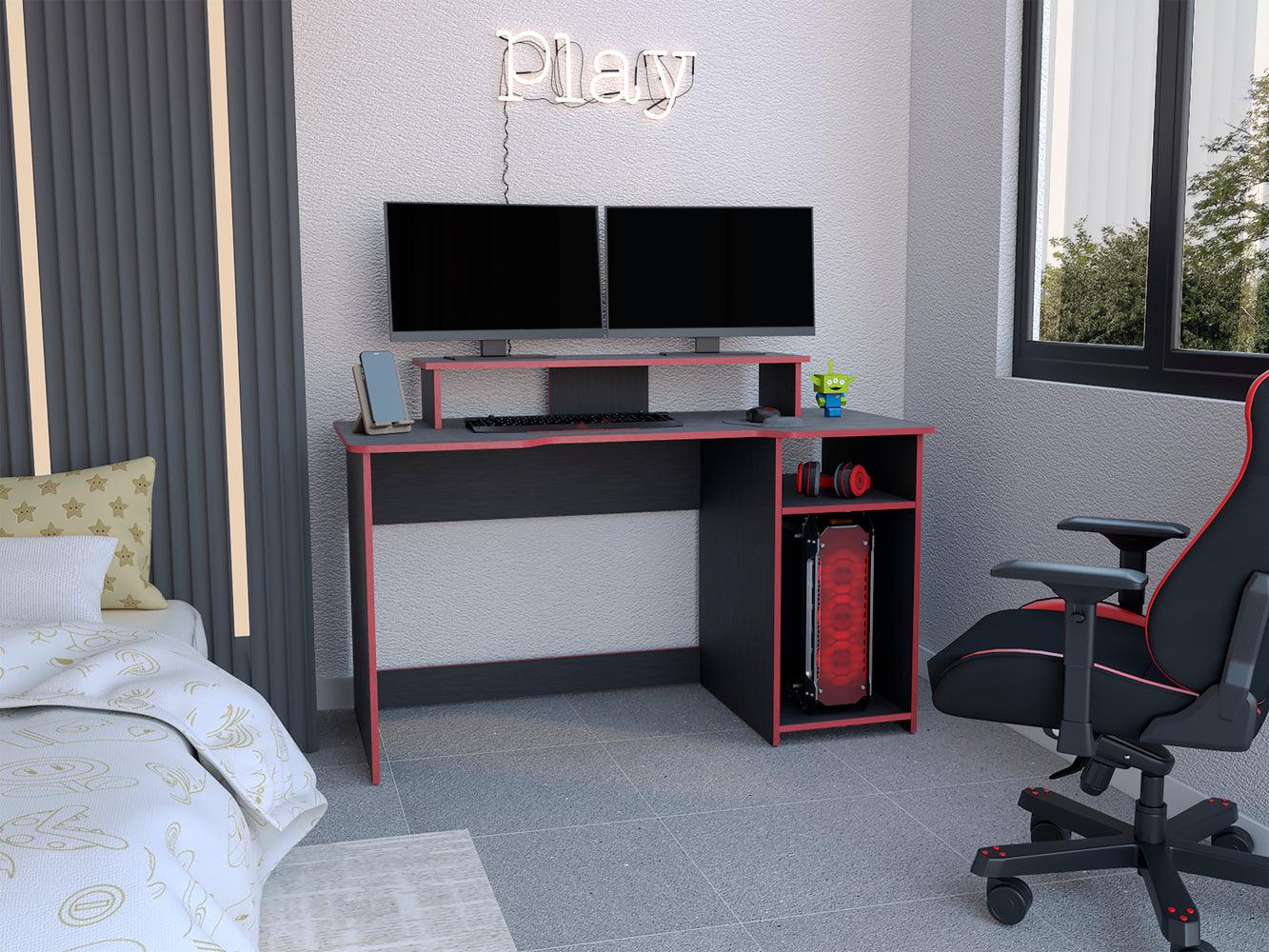 ESCRITORIO GAMER WILLY, WENGUE Y ROJO, CON ESPACIO ADICIONAL PARA PANTALLAS