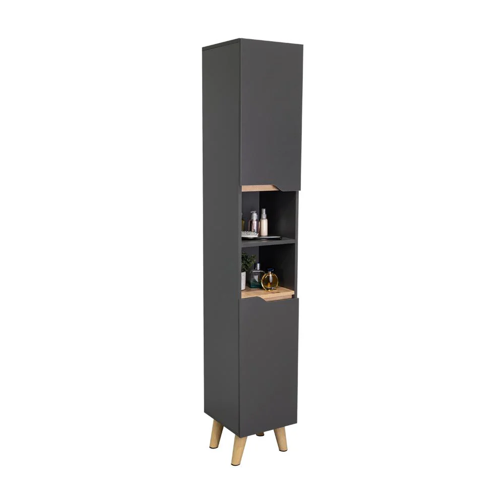 ESTANTERIA DE BAÑO VICENT, PLATA OSCURO Y CAFÉ CLARO, CON DOS PUERTAS ABATIBLES Y ENTREPAÑOS