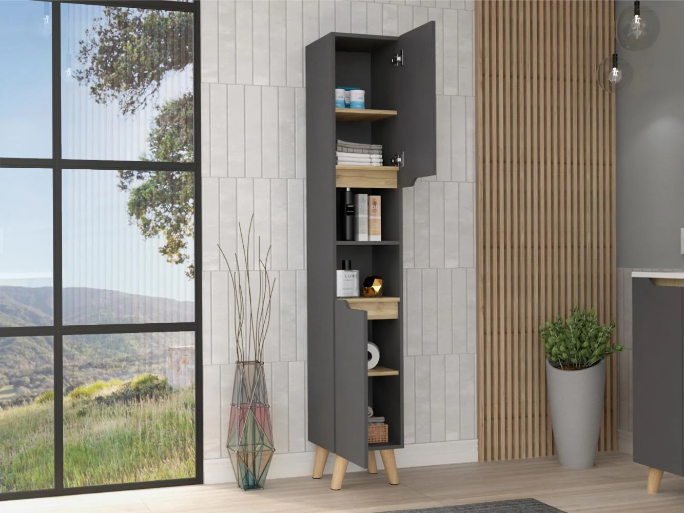 ESTANTERIA DE BAÑO VICENT, PLATA OSCURO Y CAFÉ CLARO, CON DOS PUERTAS ABATIBLES Y ENTREPAÑOS - Image 6