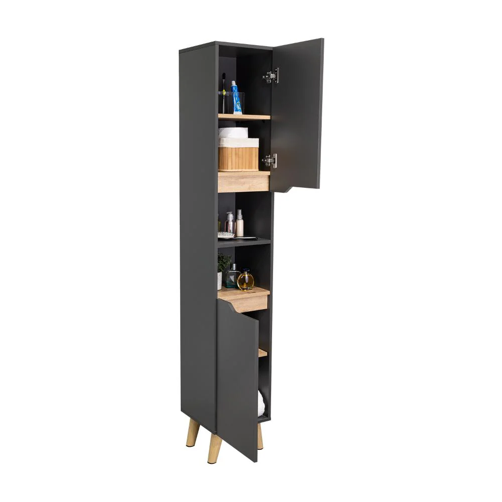 ESTANTERIA DE BAÑO VICENT ALTO, PLATA OSCURO Y CAFÉ CLARO, CON DOS PUERTAS ABATIBLES Y ENTREPAÑOS - Image 2