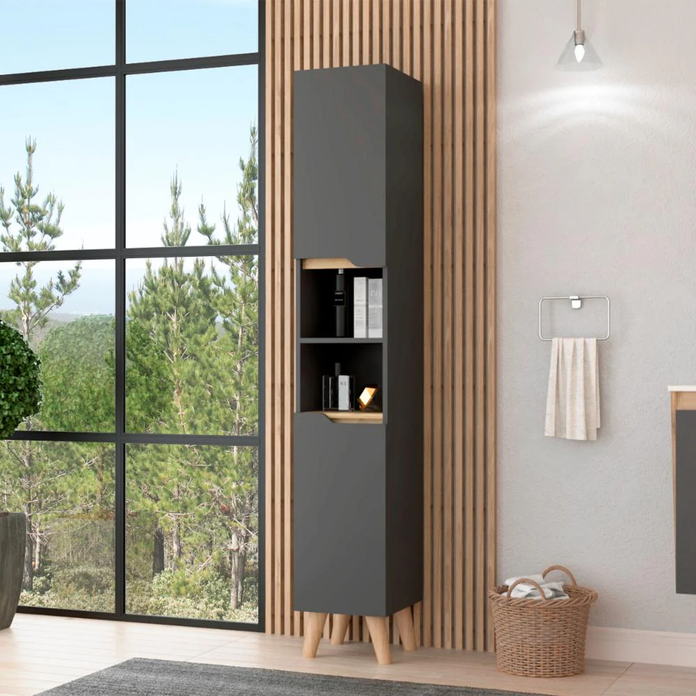 ESTANTERIA DE BAÑO VICENT ALTO, PLATA OSCURO Y CAFÉ CLARO, CON DOS PUERTAS ABATIBLES Y ENTREPAÑOS - Image 5