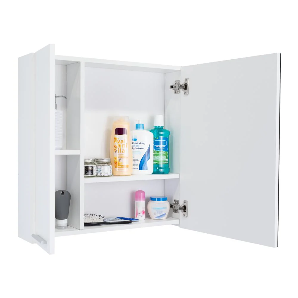 GABINETE DE BAÑO DEPP, BLANCO, CON ESPEJO BISELADO DE BUEN TAMAÑO Y VARIOS ENTREPAÑOS