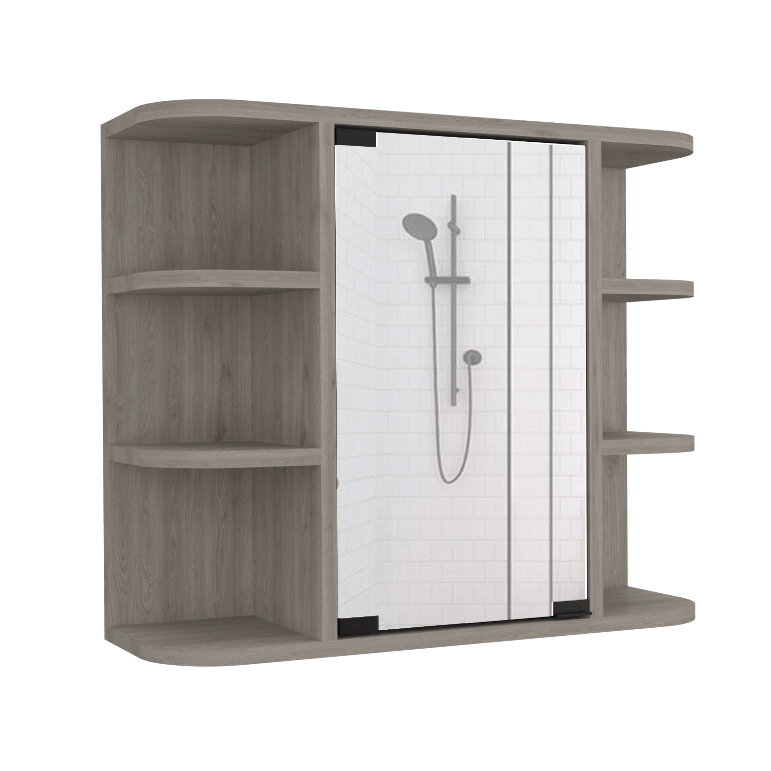GABINETE DE BAÑO DELIO, HUMO, CON UNA PUERTA DE ESPEJO ABATIBLE Y SEIS ENTREPAÑOS ZF