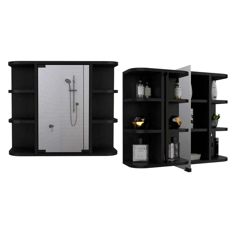 GABINETE DE BAÑO DELIO, WENGUE, CON UNA PUERTA DE ESPEJO ABATIBLE Y SEIS ENTREPAÑOS X2