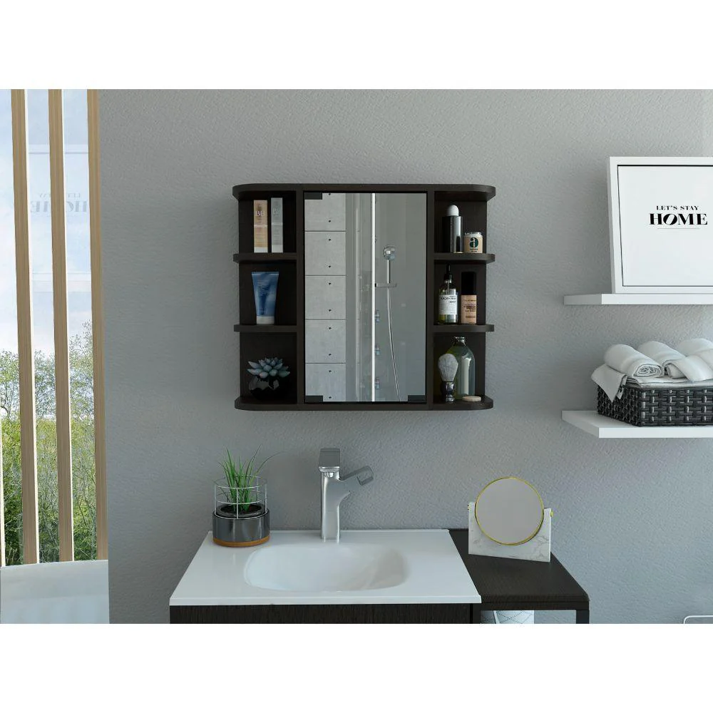 GABINETE DE BAÑO DELIO, WENGUE, CON UNA PUERTA DE ESPEJO ABATIBLE Y SEIS ENTREPAÑOS