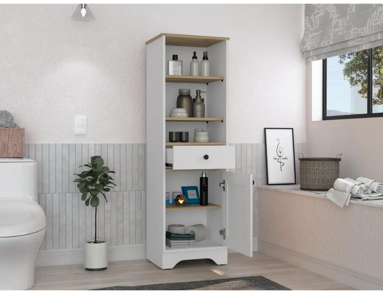 GABINETE DE BAÑO FIDEL, CAFÉ CLARO Y BLANCO, CON UNA PUERTA ABATIBLE Y UN CAJÓN - Image 2
