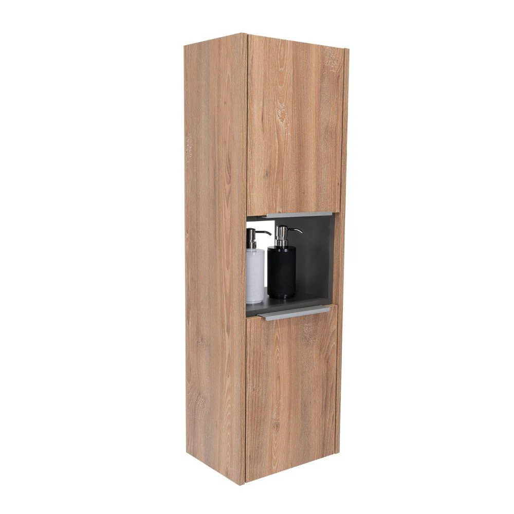 GABINETE DE BAÑO KAIROZ, MIEL Y PLATA OSCURO, CON DOS PUERTAS ABATIBLES Y CINCO ENTREPAÑOS