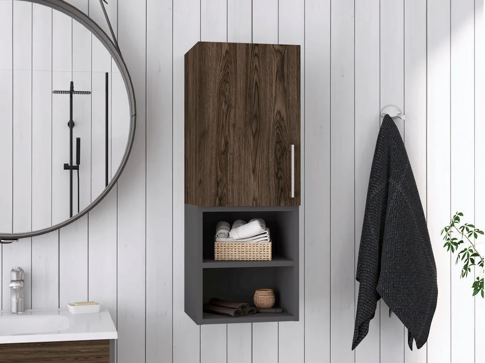 GABINETE DE BAÑO OPORTO, CHOCOLATE Y PLATA OSCURO, CON ESPACIO PARA GUARDAR OBJETOS DE ASEO PERSONAL