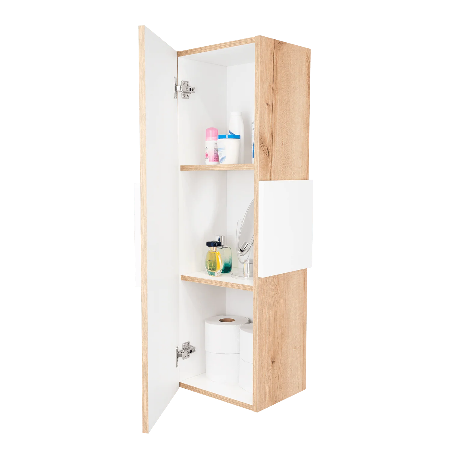 GABINETE DE BAÑO PICASSO, BLANCO Y CAFÉ CLARO, CON ESPACIO PARA GUARDAR OBJETOS DE ASEO  ZF