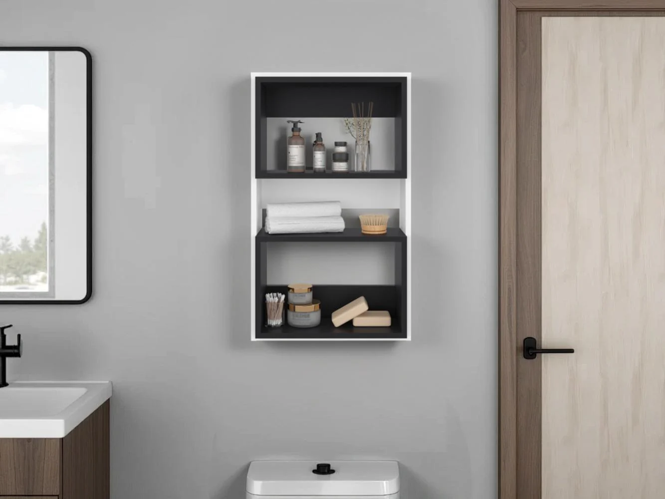 GABINETE DE BAÑO SENSEI ECO, BLANCO DUQUEZA Y WENGUE, CON SUPERFICIES PARA UBICAR OBJETOS - Image 3