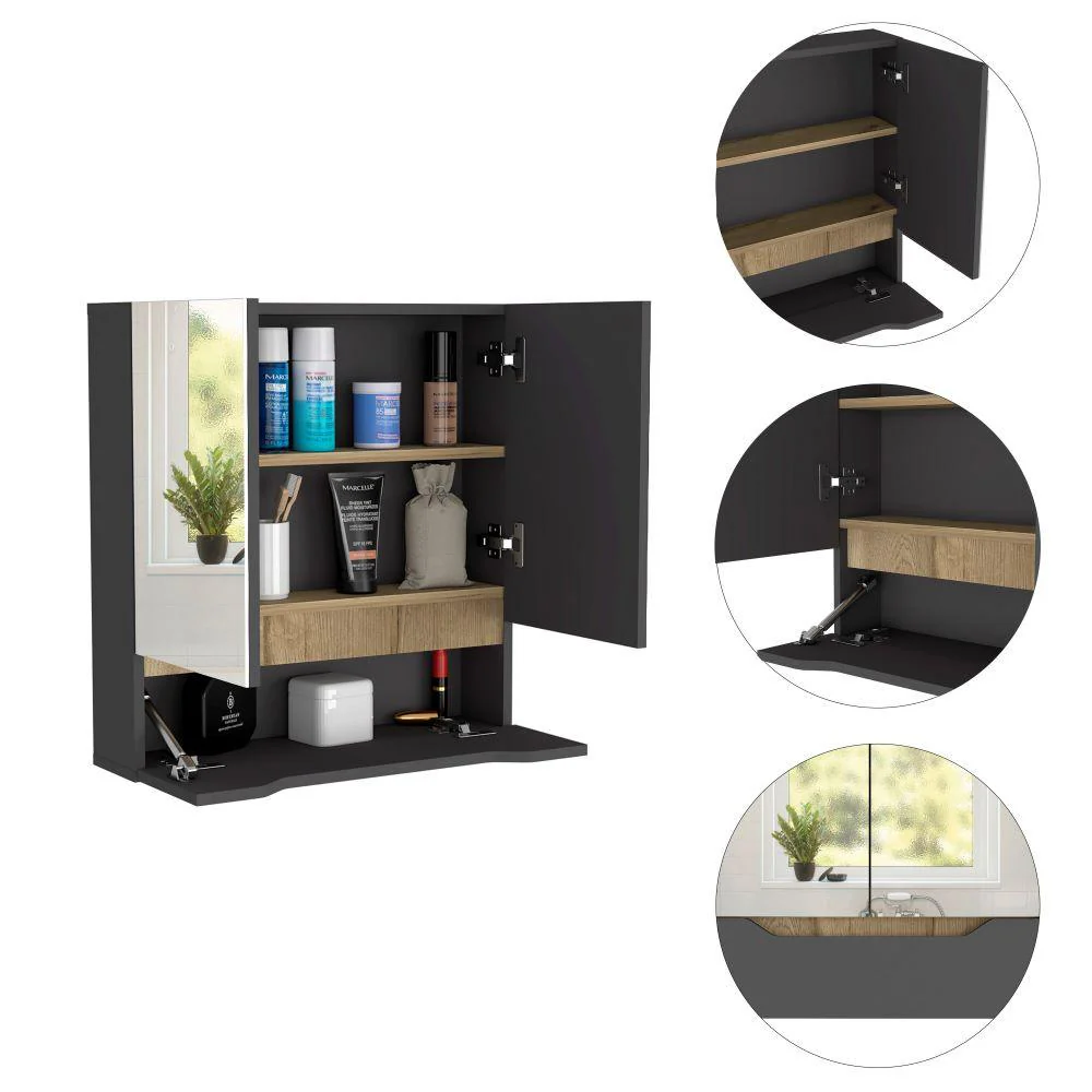 GABINETE DE BAÑO VICENT, PLATA OSCURO Y CAFÉ CLARO, CON ESPEJO