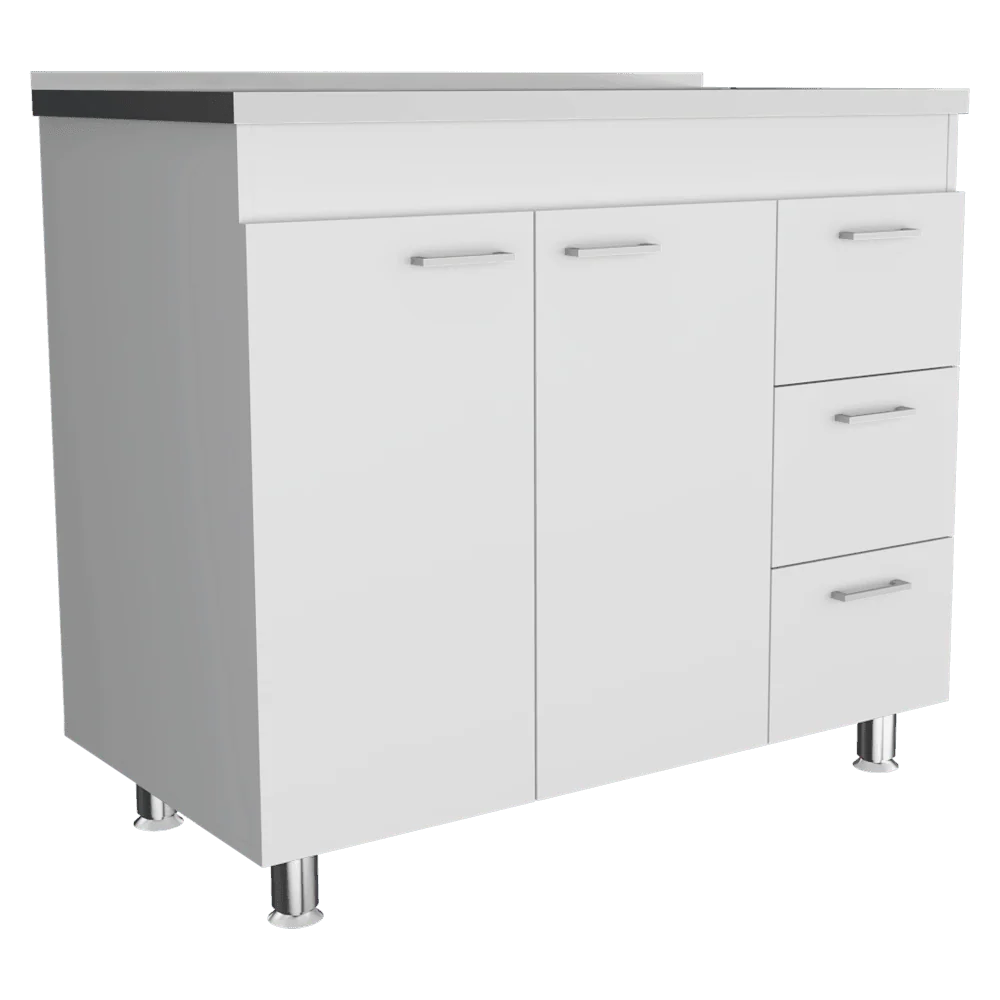 GABINETE INFERIOR STELLA, BLANCO PERLA, CON DOS PUERTAS BATIENTES Y TRES CAJONES DESLIZABLES, CON MESÓN IZQUIERDO