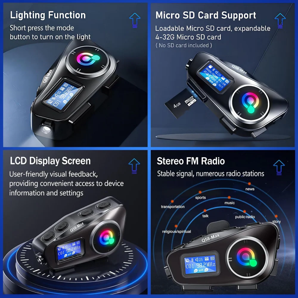 INTERCOMUNICADOR PARA MOTO Q58 RGB MÚSICA BLUETOOTH 25 HORAS - Image 3