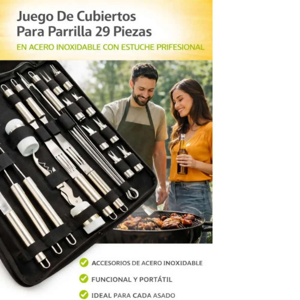 JUEGO DE CUBIERTOS PARA PARRILLA 29 PIEZAS EN ACERO INOXIDABLE CON ESTUCHE PROFESIONAL - Image 2