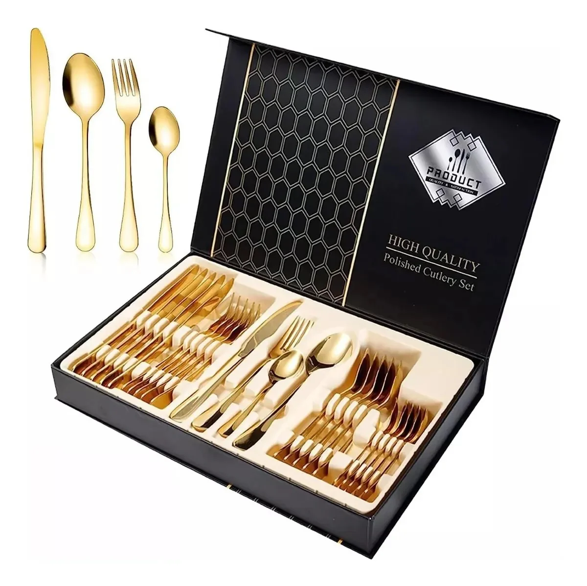 JUEGO DE CUBIERTOS SET 24 PIEZAS ACERO INOXIDABLE DORADO