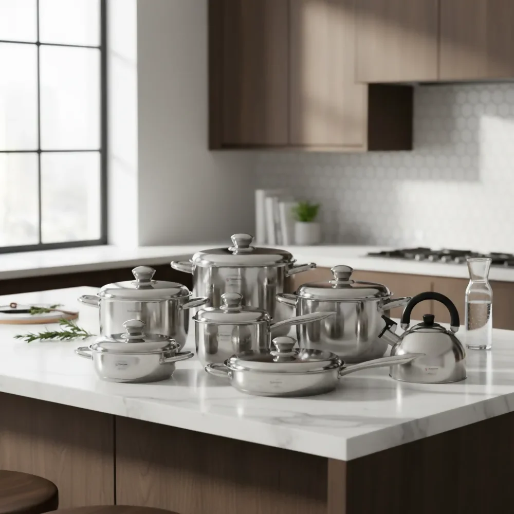 JUEGO DE OLLAS ACERO INOXIDABLE SWISSHOME X 13 GRATIS TETERA PLATEADO - Image 2