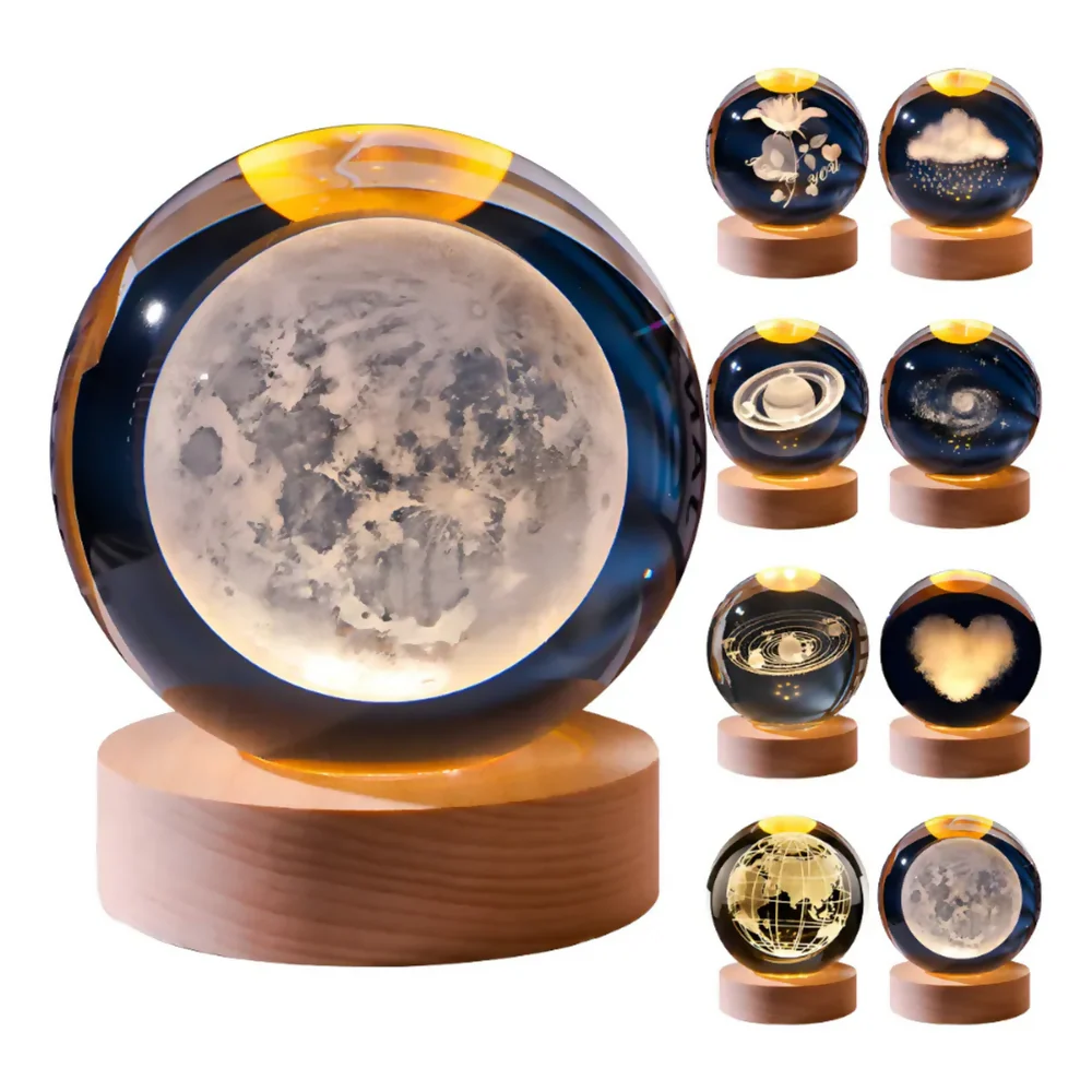 LĂMPARA LED BOLA CRISTAL SISTEMA SOLAR LUNA LUZ CĂLIDA USB
