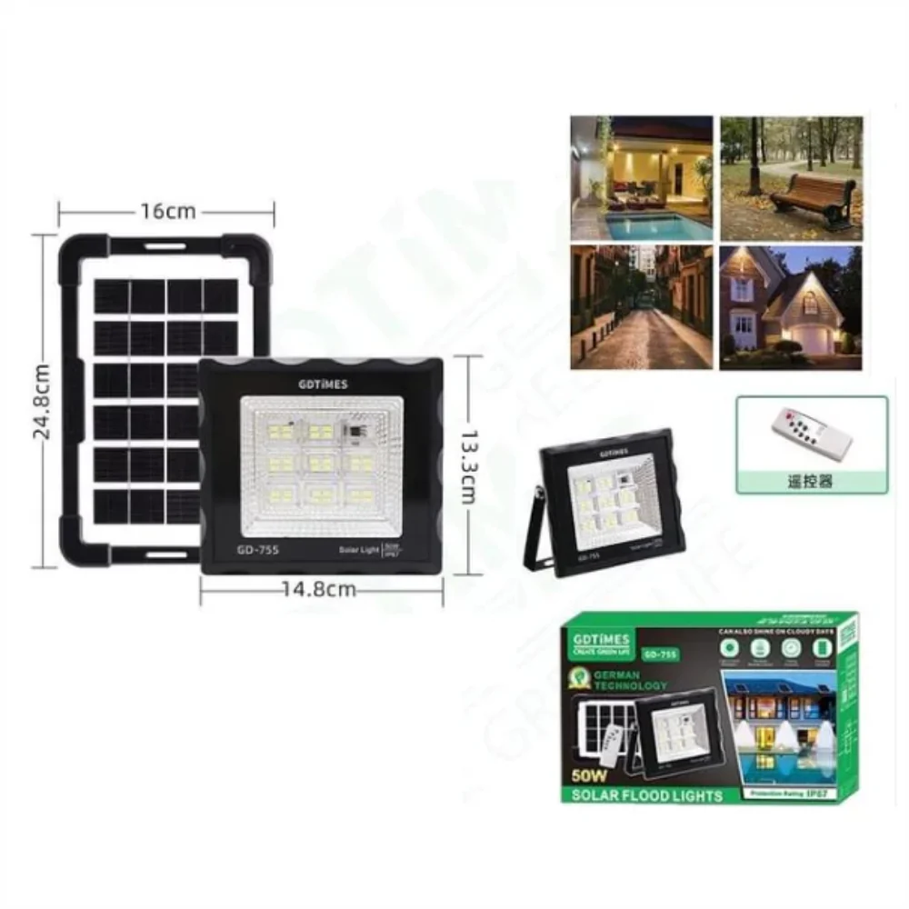LÁMPARA REFLECTOR SOLAR 50W CON CONTROL REMOTO GD PLUS GD755